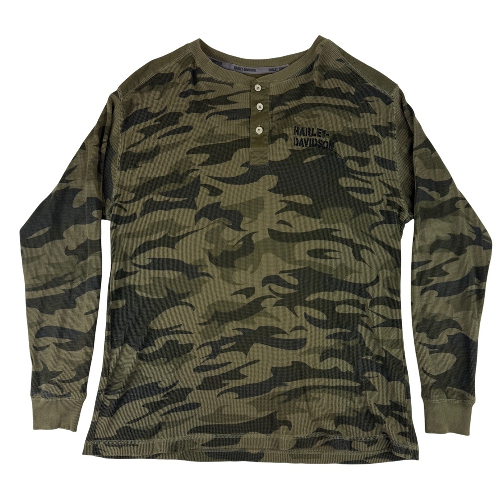 Harley-Davidson Henley Shirt Mens Large Green Camo Waffle Thermal 96088-09VM
